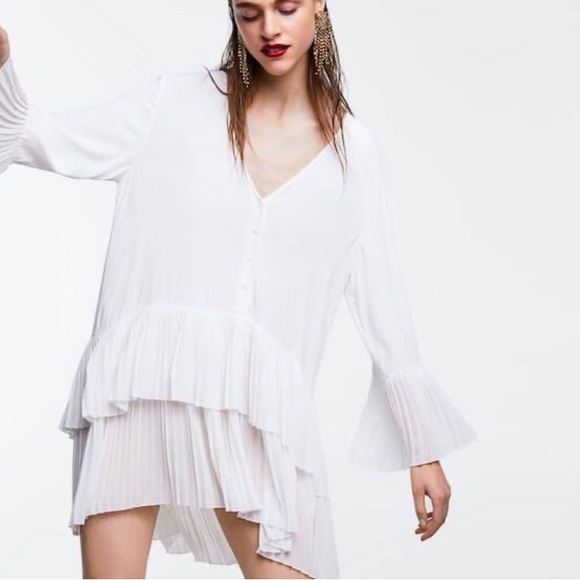 Zara Dresses & Skirts - Zara white mini shirt/dress with tiers